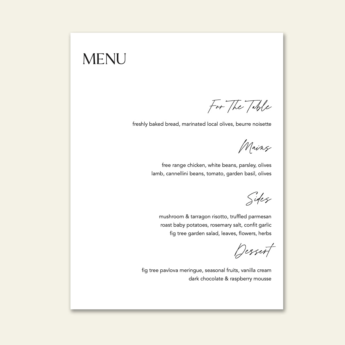 Harlow Menu - On the day wedding stationery