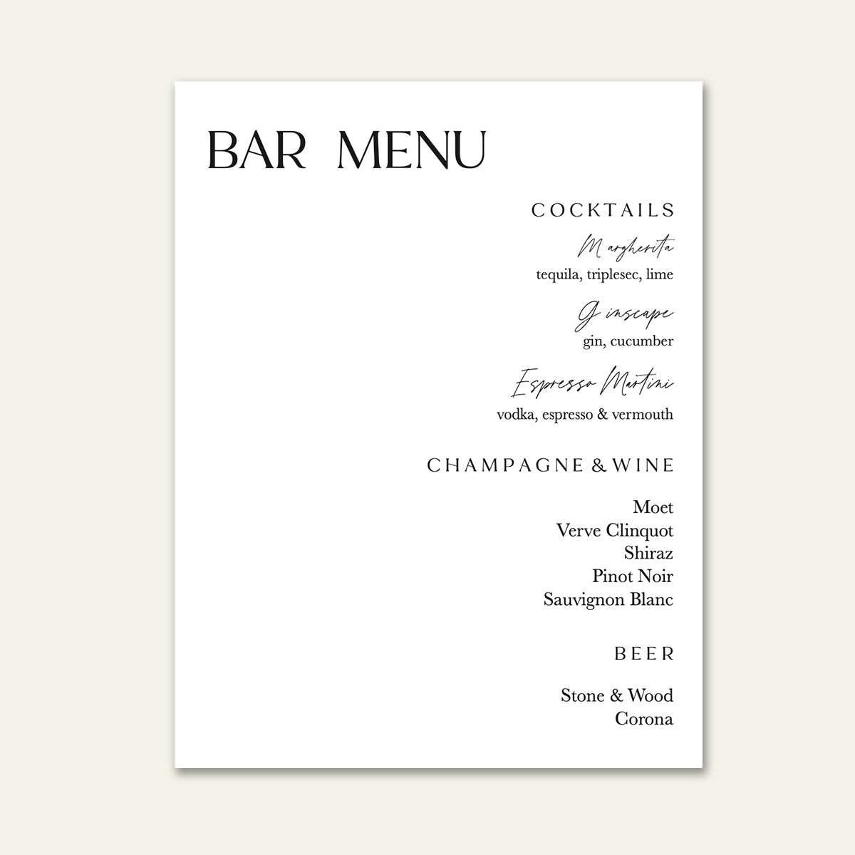 Harlow Bar Menu - On the day wedding & event signage by The Sea Salter