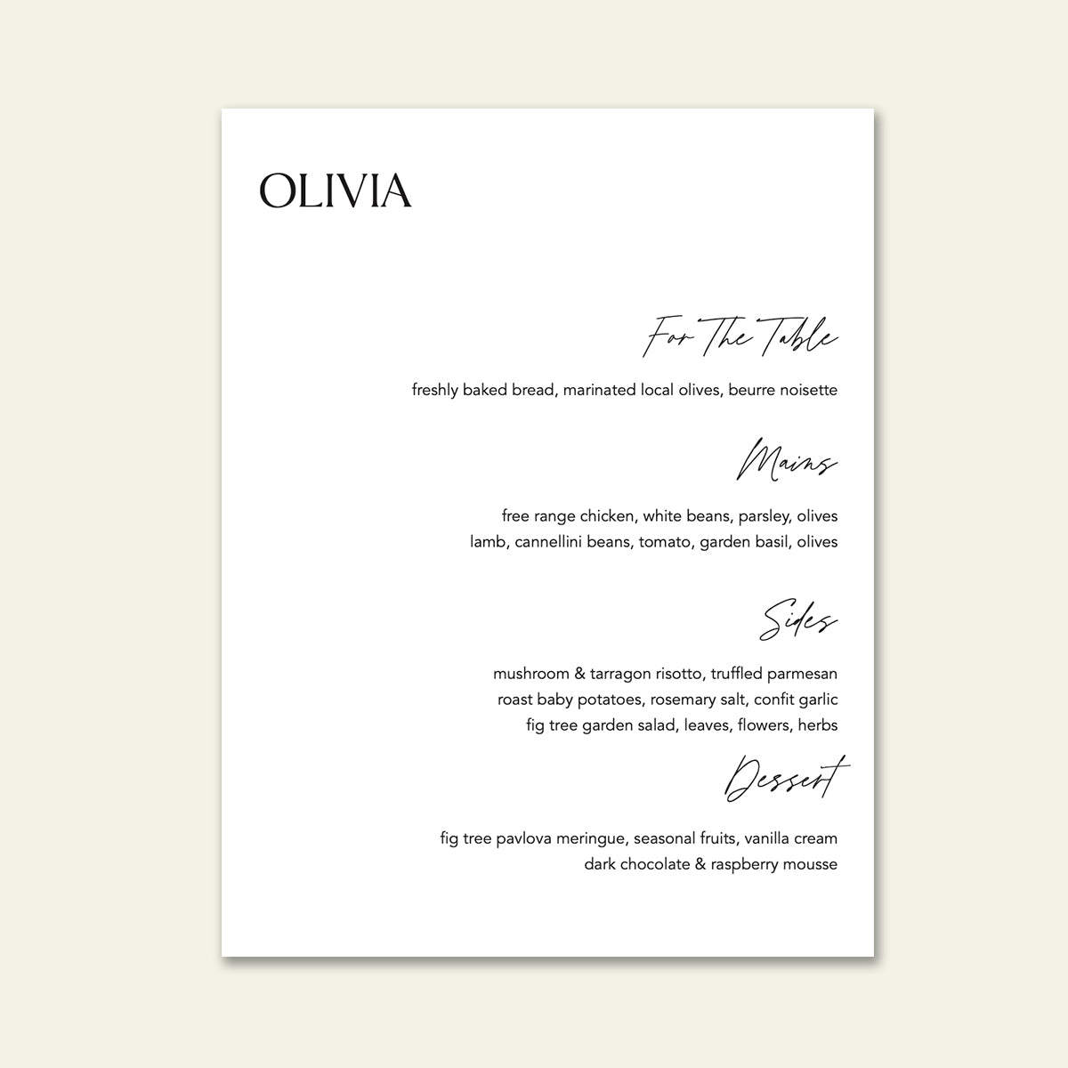 Harlow Menu - Personalised | On the day wedding stationery | The Sea Salter Co.