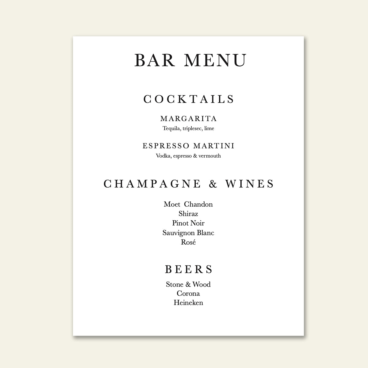 bar menu - classico